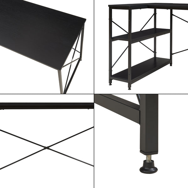 Skrivebord Raundsvalt med 1 hylde L-formet 137x88x75 cm sort [en.casa]