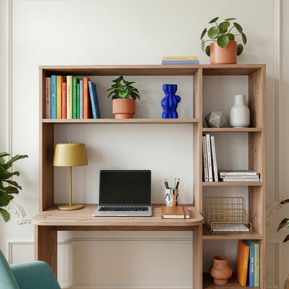 Skrivebord med hylde Onega 143x114x40 cm træfarvet [en.casa]