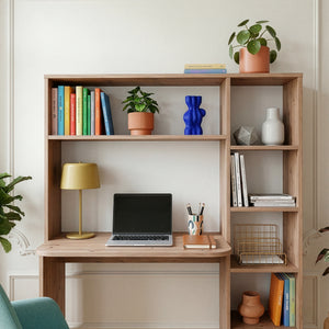 Skrivebord med hylde Onega 143x114x40 cm træfarvet [en.casa]