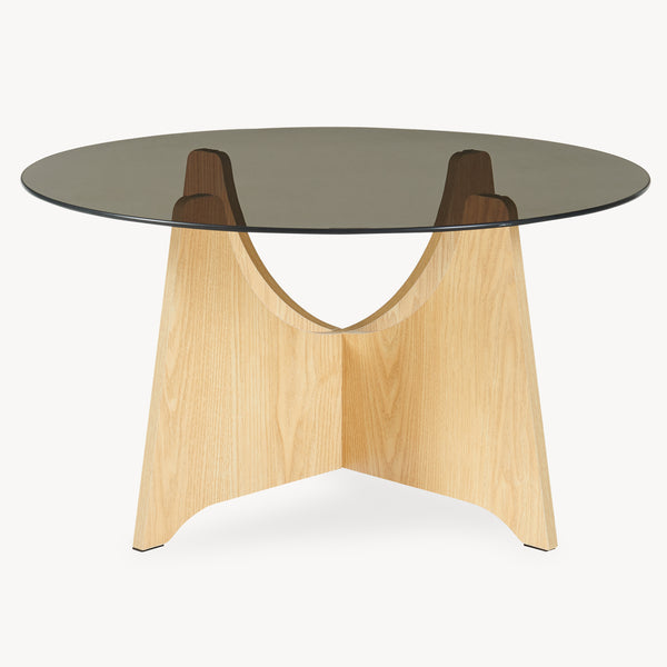 Sofabord 'Omlar' med rund glasplade Ø70 x 35 cm egetræslook / røggrå