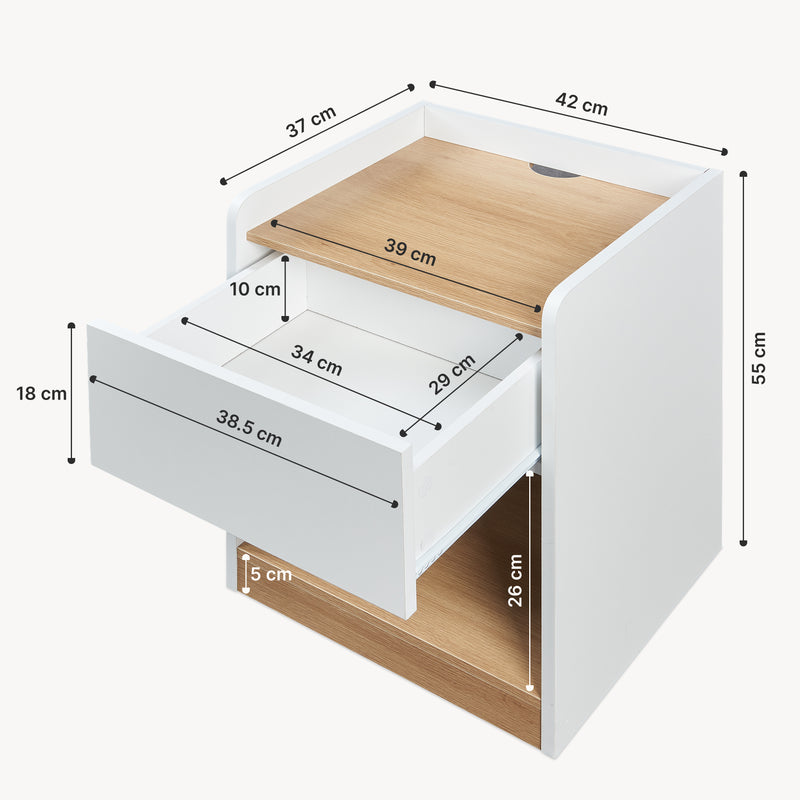 Målskitse Sengebord Kuorshare 55x42x37 cm hvid/eg-look [en.casa]