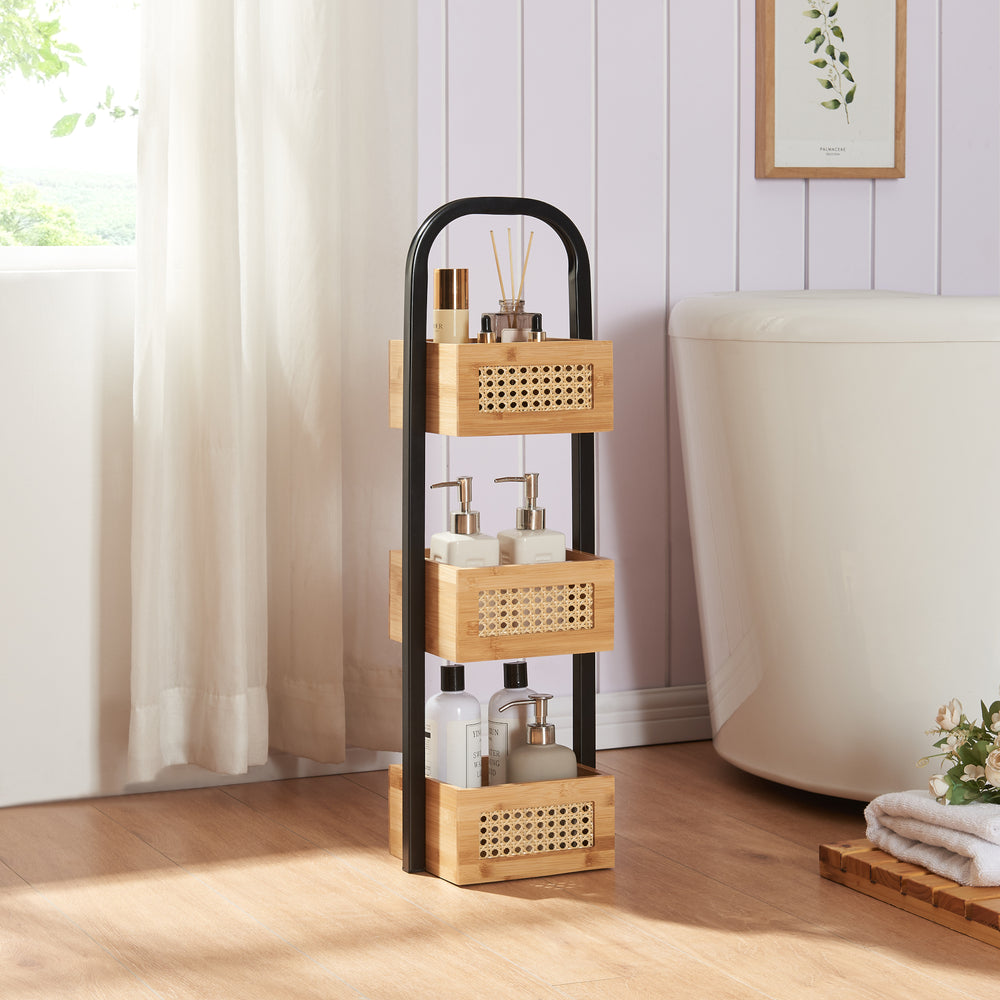 Badeværelseshylde Tervola 73x23x19 cm Sort/Bambus [en.casa] - premiumXL