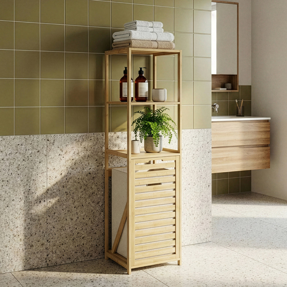 Badreol med vasketøjskurv Anun 130x36x33 cm bambus træfarvet [en.casa]