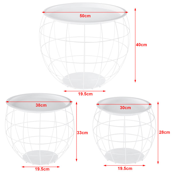 [en.casa] Sofabord - sengebord sæt - 3 stk. - aftagelig bordplade / bakke - Ø19,5cm - højde: 30, 38, 50 cm - metal - grå/hvid