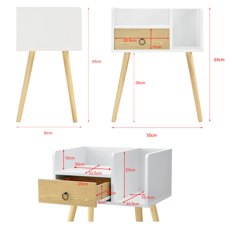 Målskitse [en.casa]® Sengebord Gertrud med skuffe - 64x50x36cm - fyrretræ/spånplade - forskellige farver