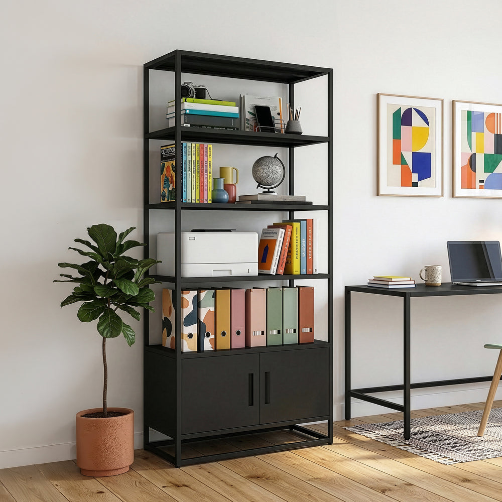 Bogreol med skab Hailuoto 80x40x180 cm stål sort, mat [en.casa]