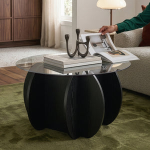Sofabord Karhuvandi med glasplade Ø70x40 cm Sort/Grå [en.casa]