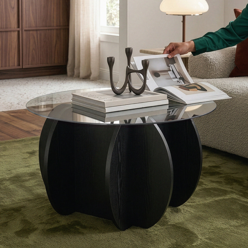 Sofabord Karhuvandi med glasplade Ø70x40 cm Sort/Grå [en.casa]