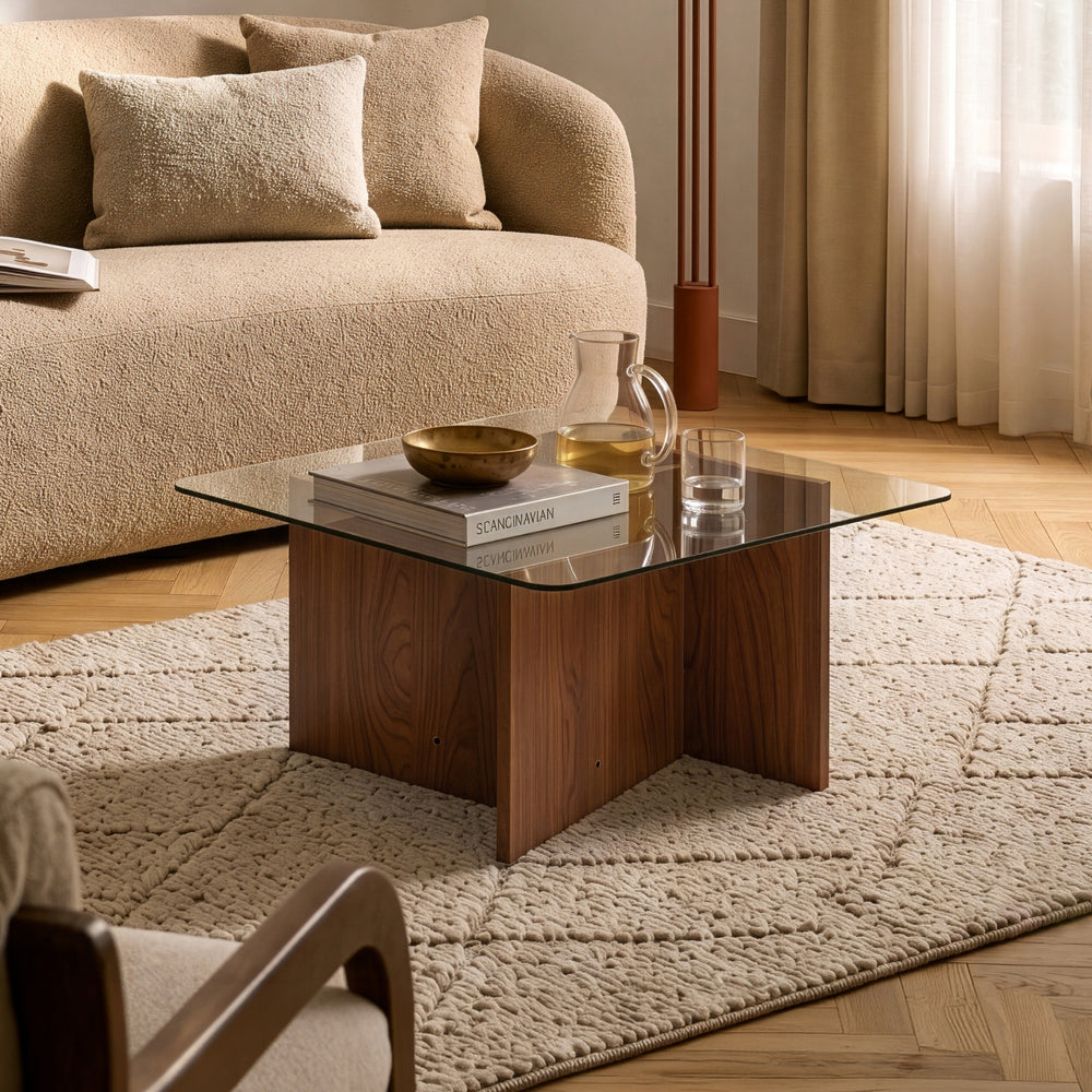 Sofabord Benexjö med glasplade 70x70x36 cm valnødlook/grå [en.casa]