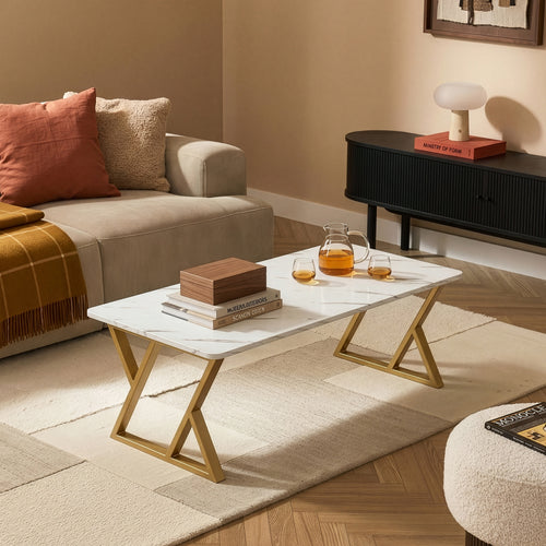 Sofabord Nolu 120x60x46 cm Guldfarvet/Marmorlook, hvid [en.casa]