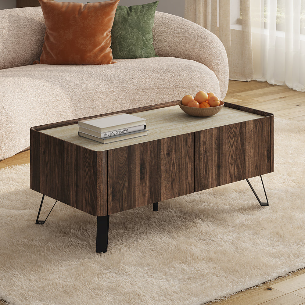 Sofabord Trorlon 100x50x40 cm Valnøddeoptik/Travertin [en.casa]