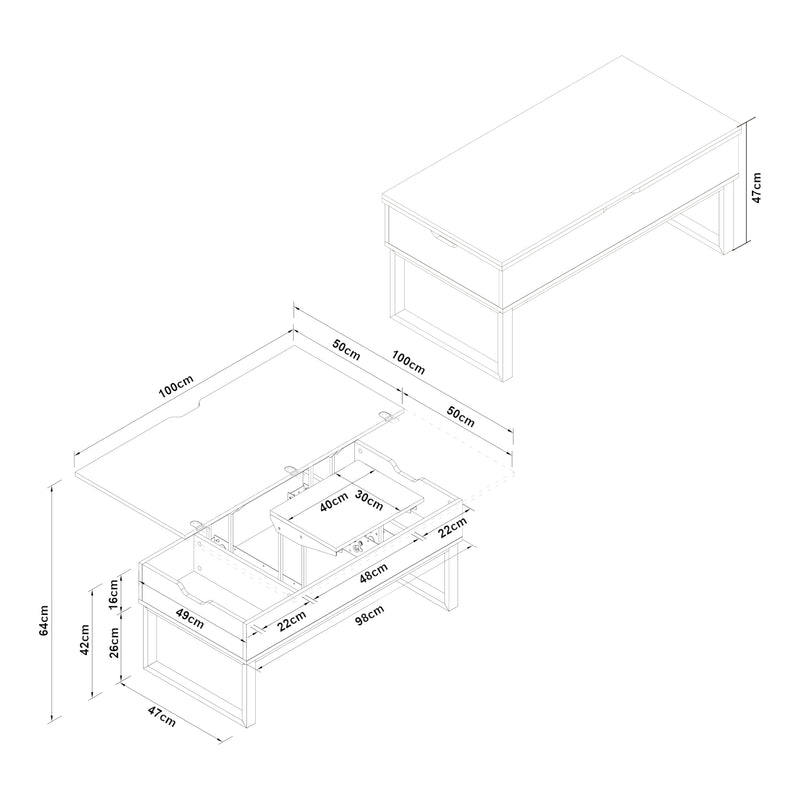 Målskitse Rauli sofabord med løfteplade og opbevaringsplads 100x50x47 cm [en.casa]
