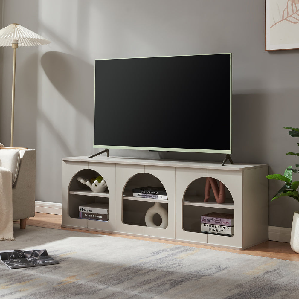 Mueble TV Trorhun diseño arqueado de 2 niveles 140x38x48cm [en.casa]