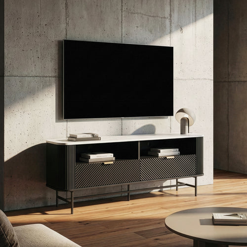 TV-Lowboard Olvehok 140x40x55 cm Sort/Marmorlook, hvid [en.casa]