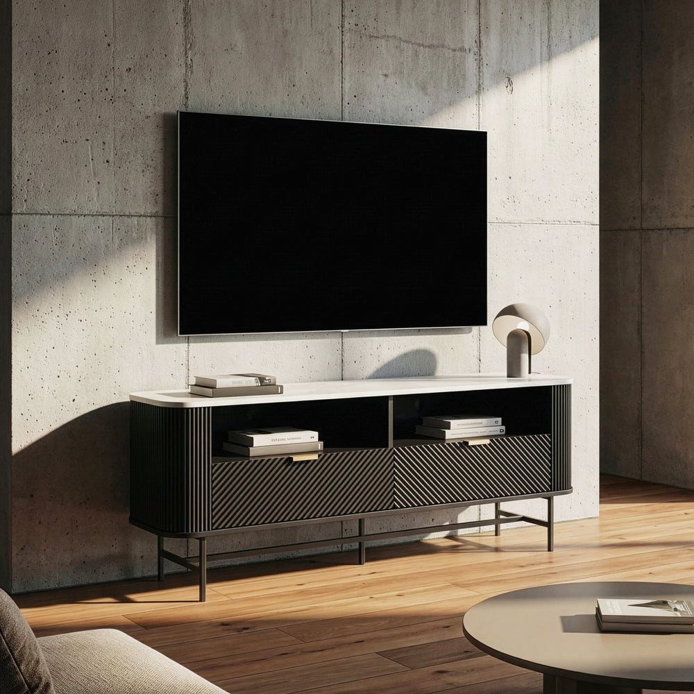 TV-Lowboard Olvehok 140x40x55 cm Sort/Marmorlook, hvid [en.casa]