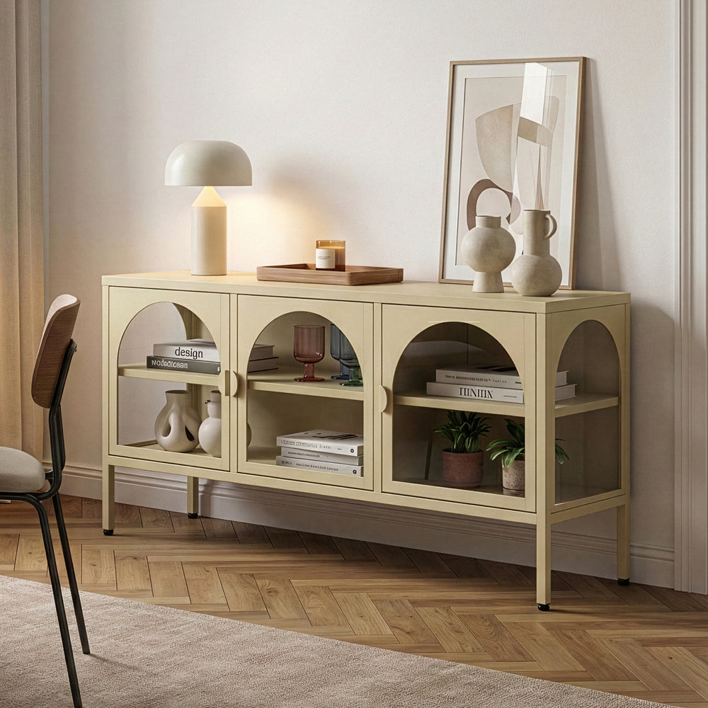 Vitrineskab Klippestad Stål 118x35x55 cm Kamel Farve [en.casa]