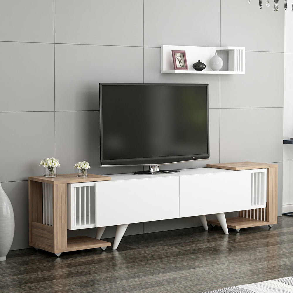 TV-bord med hylde og 2 sideborde Glostrup egetræslook/hvid [en.casa]