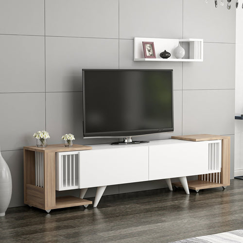TV-bord med hylde og 2 sideborde Glostrup egetræslook/hvid [en.casa]