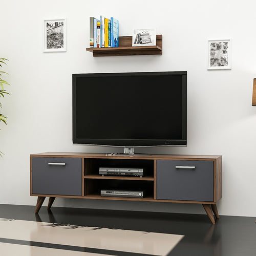 Tv-bord med væghylde Haderslev valnøddelook / antracit [en.casa].