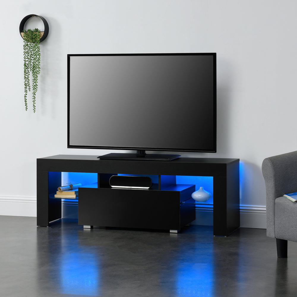 LED - TV-bord Grimsey 130x35x45 cm med skuffe glashylde hvid/sort en.casa - premiumXL
