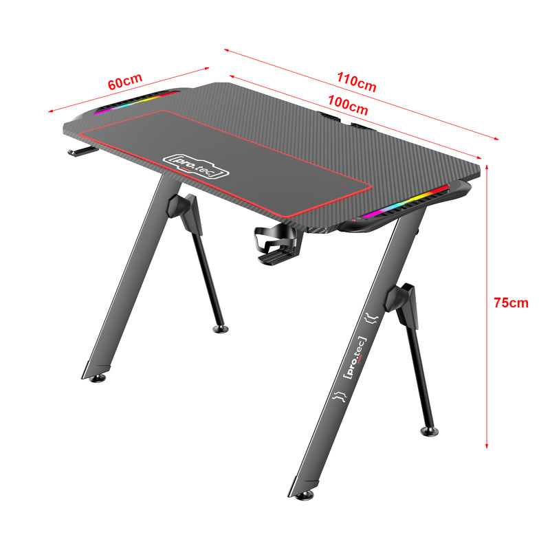 Målskitse Gamingbord Stockton med RGB LED-belysning sort i forskellige størrelser størrelser [pro.tec]