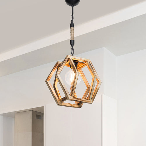 Hængelampe Cheltenham E27 Metal Massivtræ Jutereb Sort / Trælook / Jutefarvet [lux.pro] - premiumXL