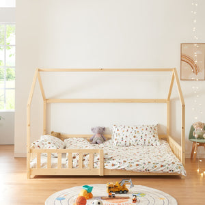 Cama infantil Hesel en forma de casa pino con reja [en.casa]