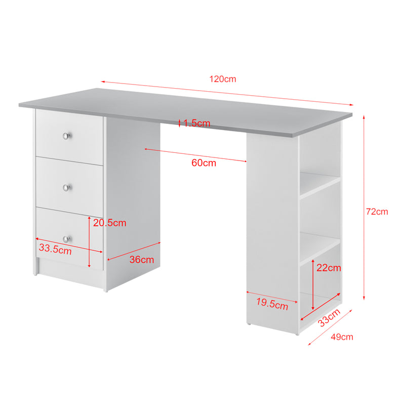 Målskitse [en.casa]® Skrivebord Lemberg - 120x49x72cm - melaminbelagt spånplade - med skuffer og hylder - vælg modell