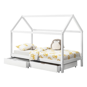 [en.casa]® Børneseng "Hus" med opbevaring - 2 skuffer - 206x98x150cm - fyrretræ - hvid (matt)