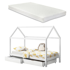 [en.casa]® Børneseng "Hus" med opbevaring - inkl. madras (antiallergisk) - 2 skuffer - 206x98x150cm - fyrretræ - hvid (matt)