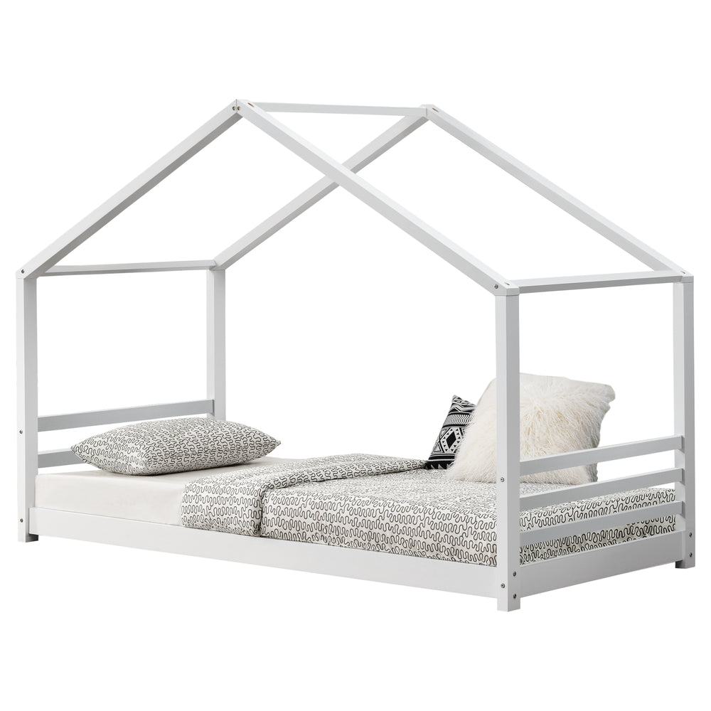 [en.casa]® Børneseng "Hus" med lamelbund - 200x90cm - fyrretræ - hvid (matt)