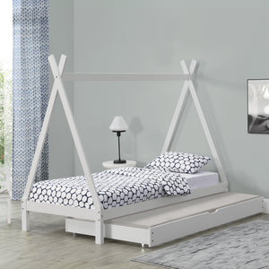 [en.casa]® Børneseng - tipi telt form - med udtrækkelig seng - 90x200cm - fyrretræ - naturlig/hvid farve