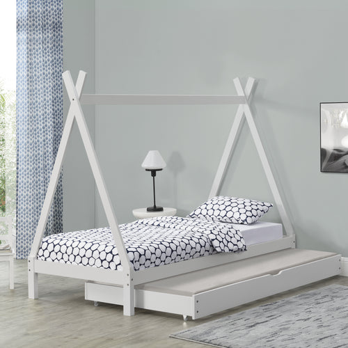 [en.casa]® Børneseng - tipi telt form - med udtrækkelig seng - 90x200cm - fyrretræ - naturlig/hvid farve