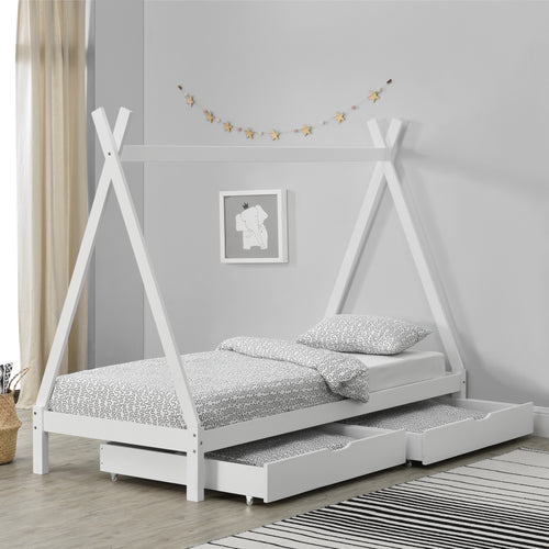 [en.casa]® Børneseng tipi telt - med udtrækkelige skuffer - 200x90cm - fyrretræ - natur/hvid