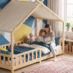 Husseng Rila i Montessori-stil med madras og faldsikring 90x200 cm [en.casa]