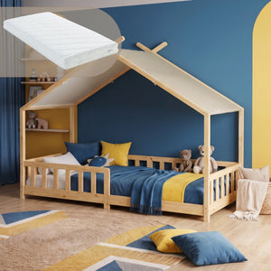 Husseng Rila i Montessori-stil med madras og faldsikring 90x200 cm [en.casa]