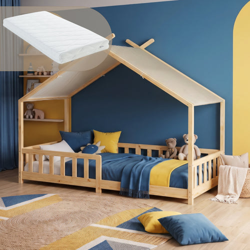 Husseng Rila i Montessori-stil med madras og faldsikring 90x200 cm [en.casa]