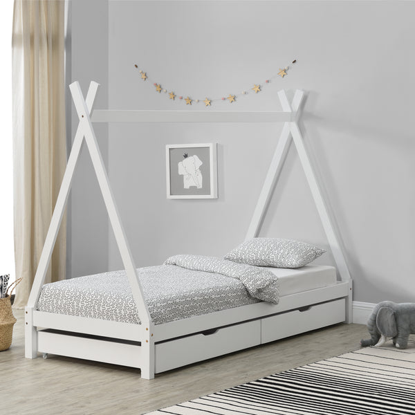[en.casa]® Børneseng tipi telt - med udtrækkelige skuffer - 200x90cm - fyrretræ - natur/hvid