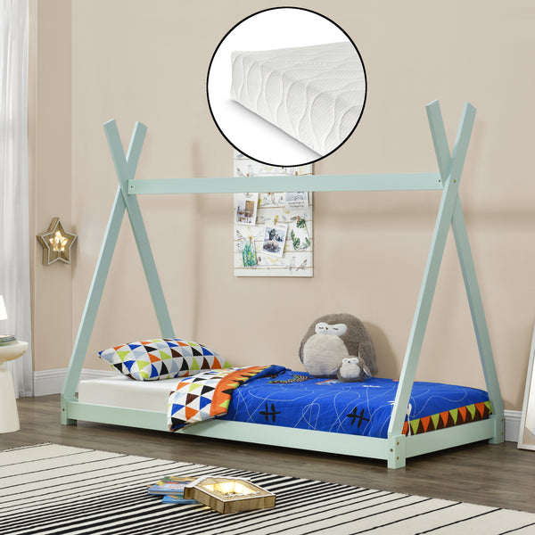[en.casa]® Børneseng tipi telt inkl. madras - 200x90cm - fyrretræ - i forskellige farver