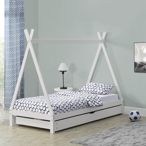 [en.casa]® Børneseng - tipi telt form - med udtrækkelig seng - 90x200cm - fyrretræ - naturlig/hvid farve