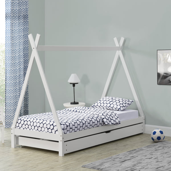 [en.casa]® Børneseng - tipi telt form - med udtrækkelig seng - 90x200cm - fyrretræ - naturlig/hvid farve