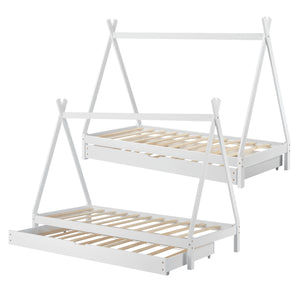 [en.casa]® Børneseng - tipi telt form - med udtrækkelig seng - 90x200cm - fyrretræ - naturlig/hvid farve