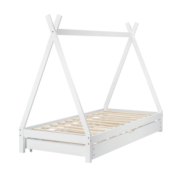 [en.casa]® Børneseng - tipi telt form - med udtrækkelig seng - 90x200cm - fyrretræ - naturlig/hvid farve