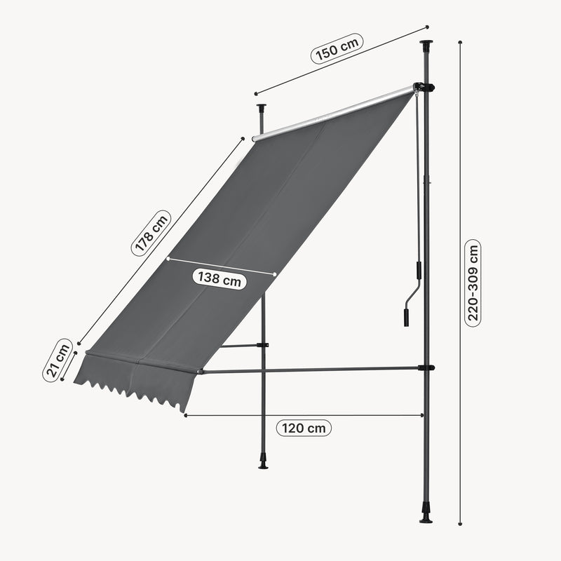 Målskitse [pro.tec]® Terrassemarkise med håndsving - manuelt indtrækkelig - 120x200-300cm - ingen vægboring - i forskellige farver og størrelser
