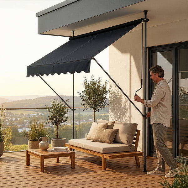 [pro.tec]® Terrassemarkise med håndsving - manuelt indtrækkelig - 120x200-300cm - ingen vægboring - i forskellige farver og størrelser