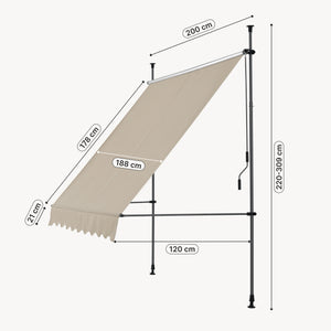 [pro.tec]® Terrassemarkise med håndsving - manuelt indtrækkelig - 120x200-300cm - ingen vægboring - i forskellige farver og størrelser