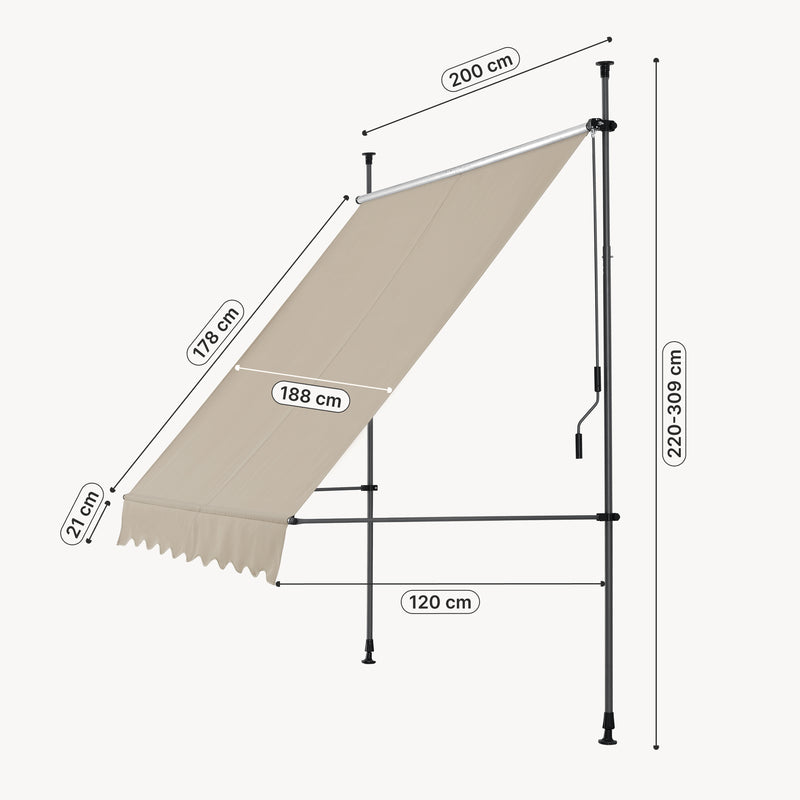 Målskitse [pro.tec]® Terrassemarkise med håndsving - manuelt indtrækkelig - 120x200-300cm - ingen vægboring - i forskellige farver og størrelser