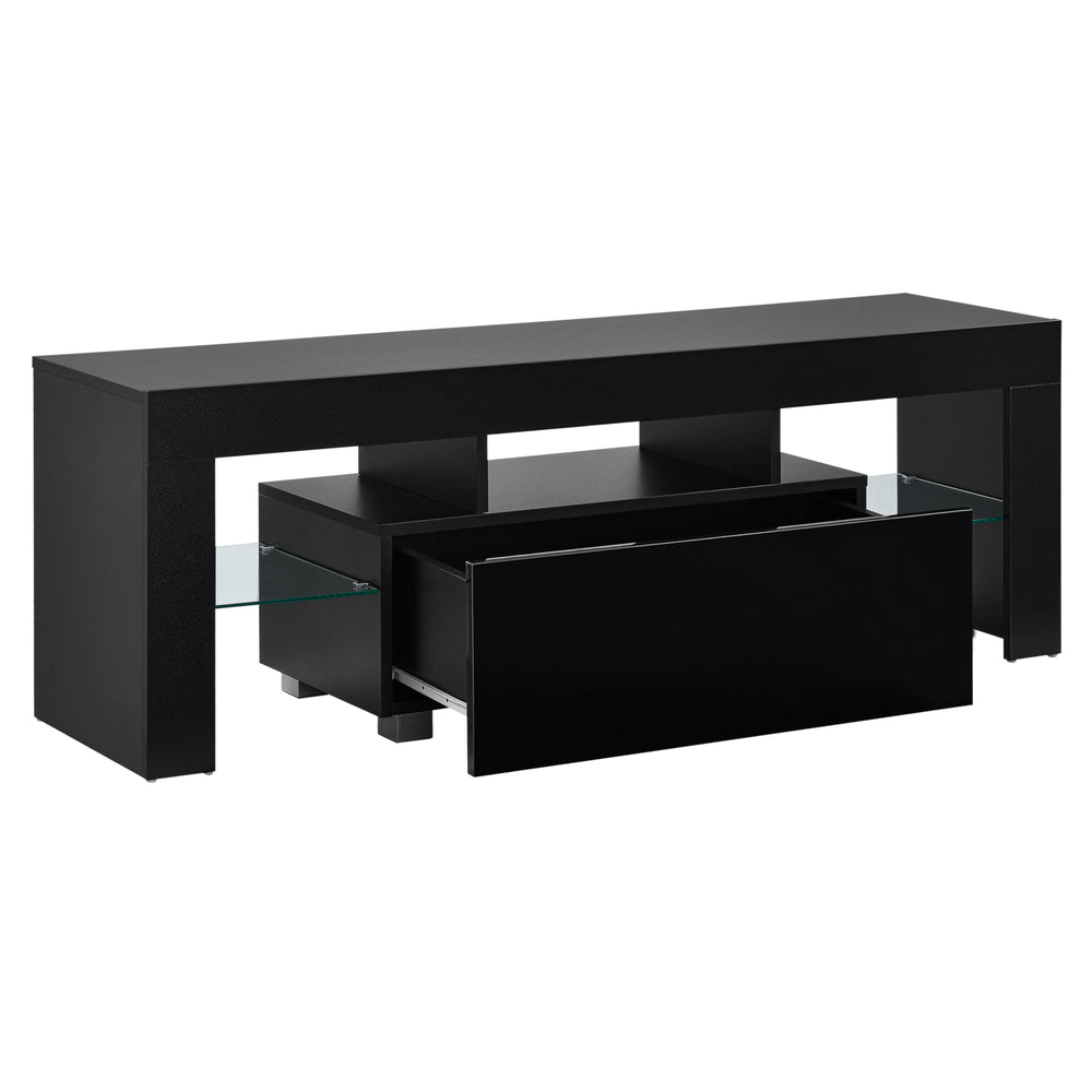 LED - TV-bord Grimsey 130x35x45 cm med skuffe glashylde hvid/sort en.casa - premiumXL