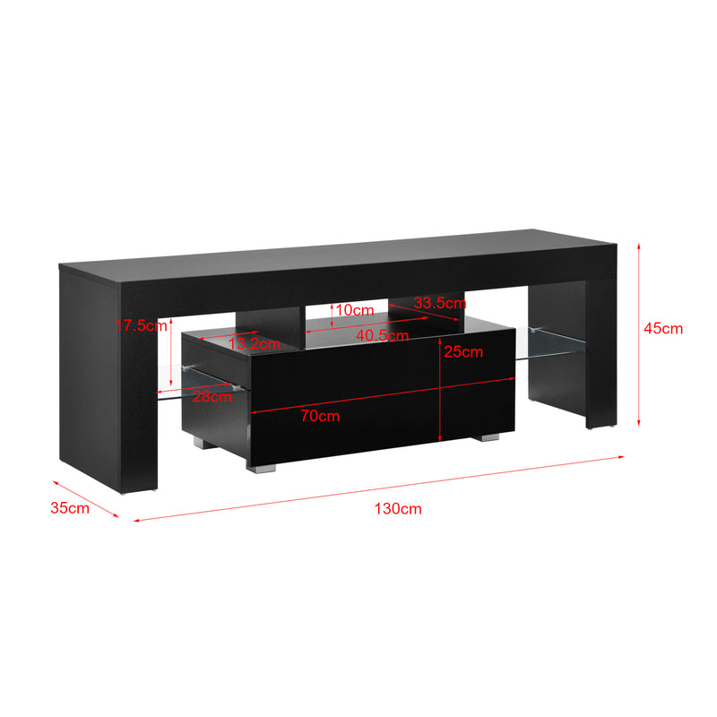 Målskitse LED TV-bord Grimsey 130x35x45 cm med skuffe glashylde hvid/sort en.casa