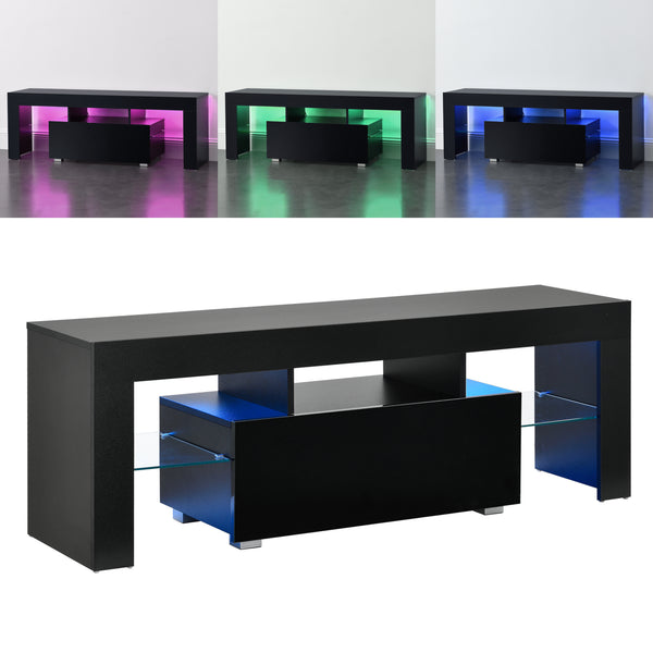 LED TV-bord Grimsey 130x35x45 cm med skuffe glashylde hvid/sort en.casa